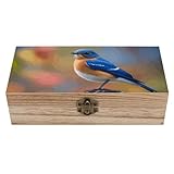 FodPand Caja de recuerdos de madera con tapa con bisagras, hecha a mano, cajas de recuerdos de boda, organizador decorativo de pájaros azules orientales para joyas, monedas, tarjetas, fotos, cartas