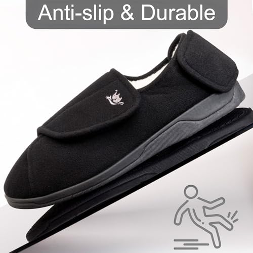 Image of Men's Memory Foam Diabetic Slippers with Adjustable Closure, Extra Wide Comfy Warm Plush Fleece Arthritis Edema Swollen Diabetic House Shoes Machine Washable with Anti Slip Sole