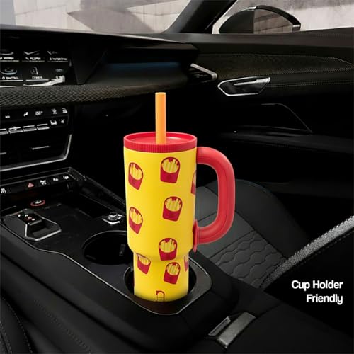Image of House of Quirk 1200ml Stainless Steel Tumbler with Handle, Straw & Straw Cap | Leakproof Water Bottle | Large Capacity Travel Mug (Hot Fries)