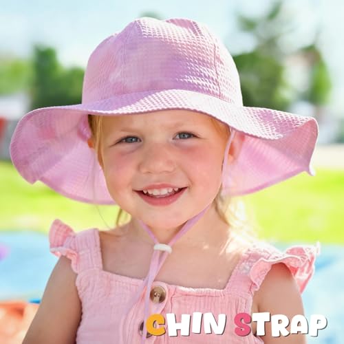 Image of HONGTEYA Baby Sun Hat Toddler Girl Beach Hat Sun Protection Adjustable Outdoor Summer Wide Brim Bucket Hat for Infant Kids