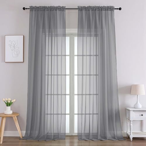 Image of Chyhomenyc Charcoal Grey Sheer Curtains 96 Inches Long 2 Panels, Light Filtering Charcoal Grey Curtains for Living Room, Soft Gentle Voile Rod Pocket Bedroom Window Drapes, 59Wx96L Inch, 2PCS