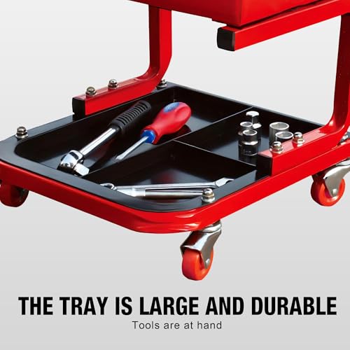 Image of Big RED Rolling Mechanic Stool | 360 swivel casters; 250-lb steel frame; 3-zone tool tray; 14 inch waterproof padded seat; for garages, auto shops & DIY
