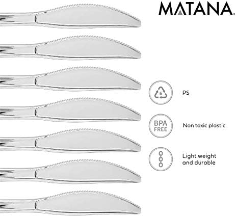 MATANA - 100 Premium Reusable Elegant Plastic Knives Set for Wedding Birthday Picnic Party Cutlery - Silver