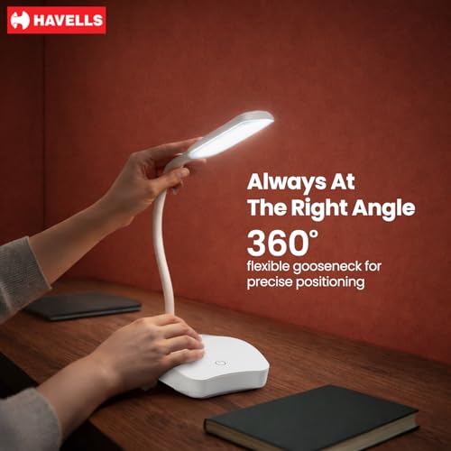 Image of Havells Lucento Table Lamp 4.5W | Integrated Touch Sensor|3 Step Dimmable LED Table lamp|3.7V, 800 mAh Lithium‑Ion Battery | Light Modes: 100%, 50%,25% | Eye Soft Technology for Soft Glare-Free Light