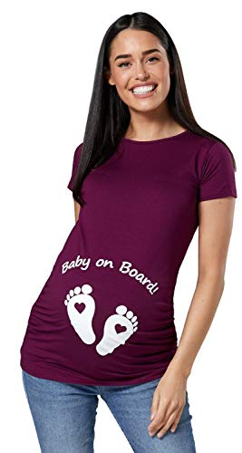 Happy Mama Damen Umstands Oberteil T-Shirt Babyfüßchen Baby on Board Druck. 199p (Pflaume, 42-44, 2XL) Cover