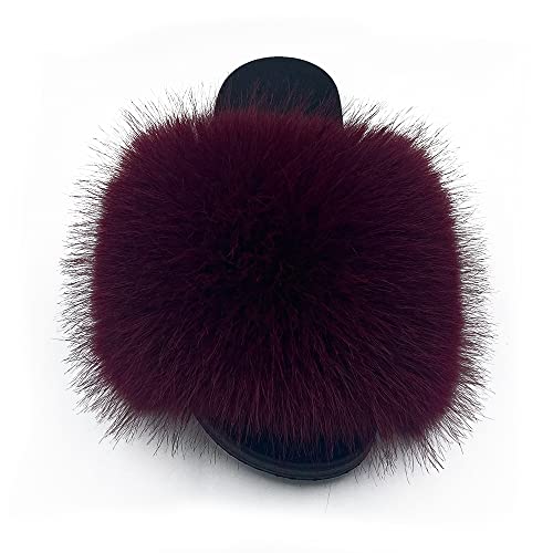 Image of Women's Faux Fur Slides Slippers Fluffy Fuzzy Sandals Open Toe Furry Slide Flip Flop Indoor Outdoor