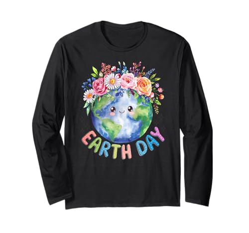 Happy Earth Day Cute Earth With Floral Earth Day 2025 Maglia a Manica