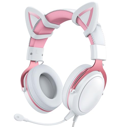 Image of Denash Cat Ear Headphones, Wired RGB Gaming Headset with Mic, Luminous Noise Reduction Over Ear Cute Headphones for Gamers (White Pink with Cat Ears Decor)