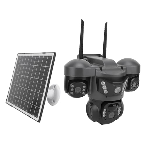 Decumeby Cámara de Seguridad Solar, Cámara WiFi UHD de Triple Lente de 12 MP, Exterior IP66 PTZ de Conversación Bidireccional con Detección de Movimiento PIR para Monitoreo 24