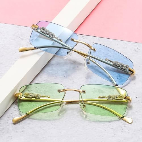 Shauna Fashion Small Rimless Rectangle Sunglasses Women Retro Cheetah Ocean Film Eyewear Men Tinted Sun Glasses Uv4003