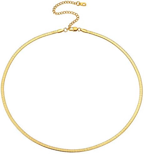 FOCALOOK 3/5mm Flat Snake Chain Stainless Steel/Gold/Rose Gold Choker Necklace for Women Girls 12" 15" 18" inch Chain(with Gift Box)