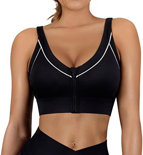 SUUKSESS Women Reflective High Impact Sports Bra Zip Front Strappy Padded Workout Tank Top (Black, M)