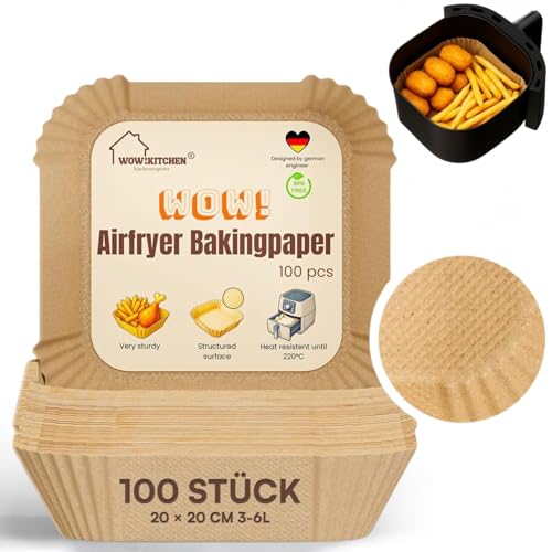 100 Stück Backpapier für Heißluftfritteuse XXL Quadrat 20x20cm, 3-6 Liter, extra stabil durch strukturierte Oberfläche, Antihaft Einwegschalen airfryer backpapier, Für: Ninja, Consori, Philips
