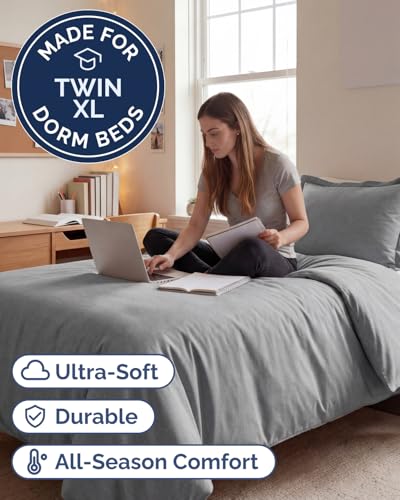 Image of Duvet Cover Twin /Twin XL - 2 Piece Set with Zipper Closure - Heathered Grey | Extra Soft Twin /Twin XL Duvet Cover 68 inch x 90 inch with 1 Pillow Sham, Hotel Luxury w / Zipper Closures & Ties, Comfy & Breathable