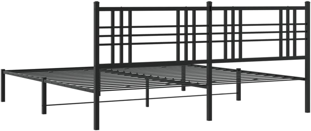 Bed Frame Black Powder-Coated Steel Double Bed Frame Platform Foundation with Headboard Sturdy Heavy-Duty Slatted Storage Modern Minimalist Bedroom Furniture for Mattress Support