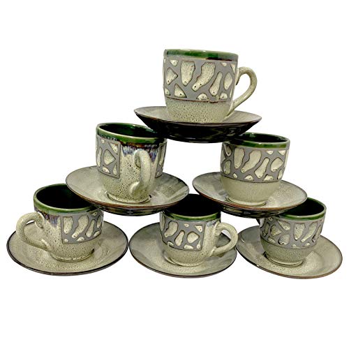 Lemon Tree Indian Ceramic Fine Bone China Cup, Green Marble Plated Tea Cup with Saucers (Set of 6+6)