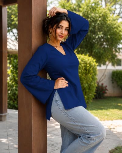 Image of Women's Cotton Short Kurti Black Solid Plain V Neck Full Bell Sleeve Casual Stylish Short Kurta for Women for Jeans Daily Girl Top