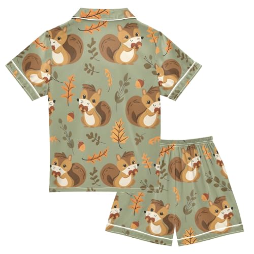 ALAZA Squirrel Animal Leaf Pajamas Satin Pajama Set Short Sleeve Button Down Sleepwear2