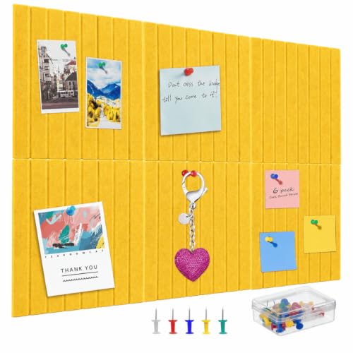 Image of QUIET CANVAS Acoustic Wall Slat Pinboard, 1x1ft, Pack 6, 50 PushPins Yellow