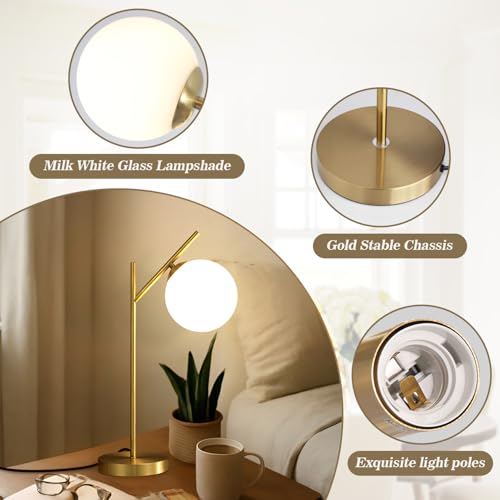 Image of Globe Table Lamp Set of 2, Brass Glass Globe Desk Lamp with Milky White Glass Shade, Contemporary Metal Bedside lamp for Bedroom Living Room Study Room