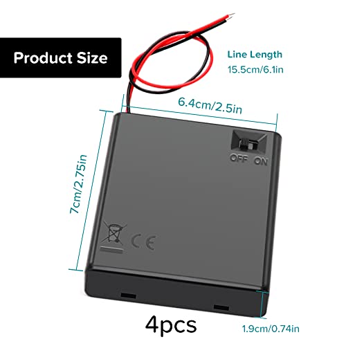 4 PCS 4 AA Battery Holder with Switch and Cover, KUOQIY 4X 1.5V AA 6V Battery Holder Case with ON/Off Switch & Wire Leads & Cover, with Screwdriver & Screws