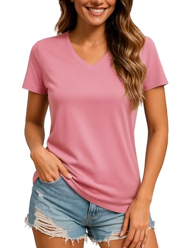 TACVASEN Women's UV Protection V-Neck Rash Guard Swim Tops Quick Dry Lightweight Athletic Shirts for Beach Water Sports Gray Pink L