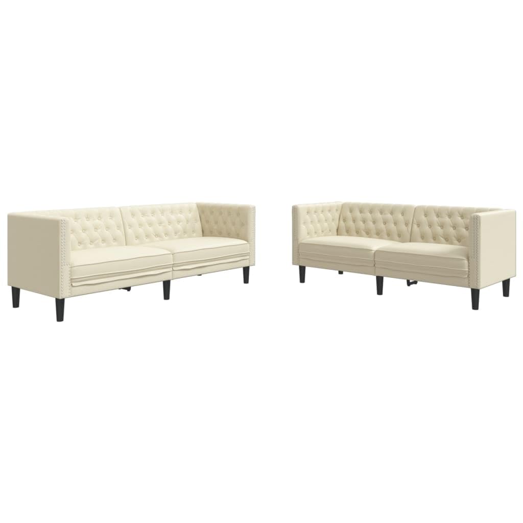 Set di 2 divani Chesterfield, in similpelle color crema, larghezza 174/194 cm, robusto divano imbottito per soggiorno, elegante divano con bottoni
