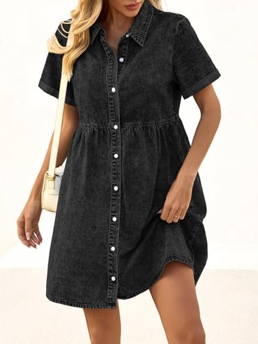 Wenrine Women's Summer Denim Dress Button Down Short Sleeve Casual Tiered Babydoll Jean Dresses4
