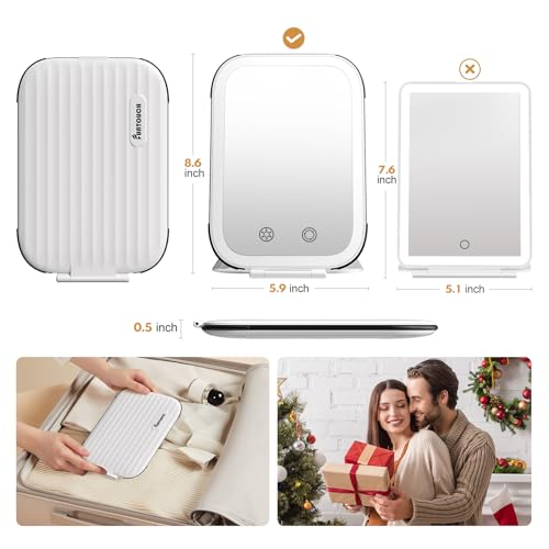 FUNTOUCH Rechargeable Travel Makeup Mirror with Lights and Small 10X Magnification,Light up Portable Vanity Mirror with 80 Leds,2000mAh Battery,Brightness Adjustable,3 Lighting, Dimming Compact Mirror