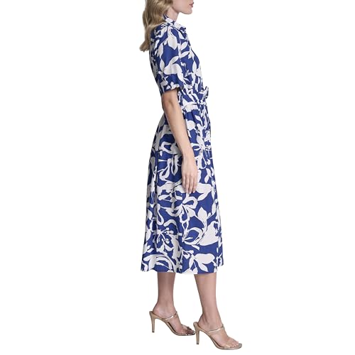 Image of DKNY Women's Short Sleeve Cotton Poplin Collared Midi Shirtdress