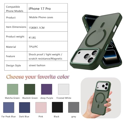Image of Magnetic for iPhone 17 Pro Phone Case, [Compatible with MagSafe], Screen Protector X1, [Military Grade Drop Protection],Matte Finish,Slim,Shockproof,Protective (blackish green, iPhone 17 PRO)