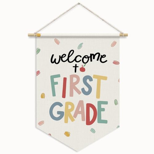 RTXLEZM Welcome to First Grade Wall Banner,Door Welcome Sign, 1st Grade Classroom Must Haves Wall Hanging Flag for Kids Boys Girls Room Bedroom Playroom Decor 11x15