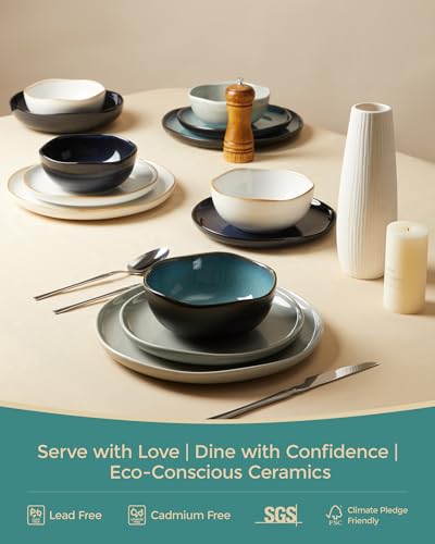 Image of 24 Pieces Dinnerware Set for 6 with Pasta Bowls, Complete Ceramic Dish Set, Stackable & Glossy Stoneware Plate and Bowl Set for Effortless Everyday Hosting, Green Black