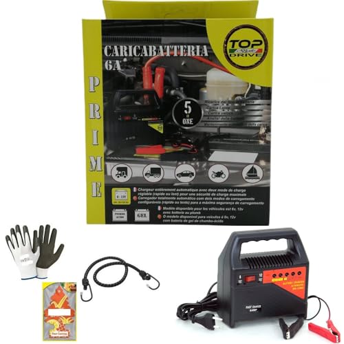 Ladegerät 6 V/12 Volt 63 W für Auto, Motorrad, Roller, Quad, Wohnmobil, kompatibel mit Garelli 303 R 50 Ladegerät, 6 A für Bleibatterien, Deep-Cycle, AGM, Gel 230 V/AC-50 Hz mit Universalklemmen