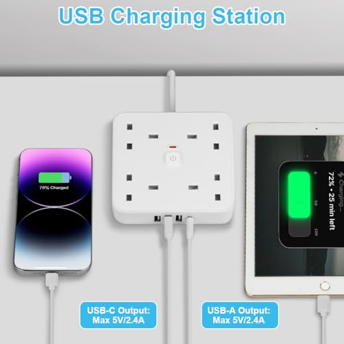 Ainiv Extension Lead with 4 Way Outlets, 1.8M Extension Cord Multi Power Plug with LED Indicator Switch, 1 Type-C and 3 USB-A Slots, Wall Mounted Power Strip for Home Office Dorm, White - Image 3