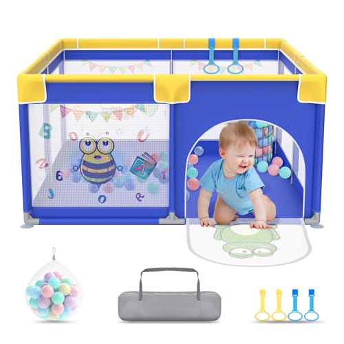 UISEBRT Parque infantil de 127 x 127 cm, con 50 bolas de océano, 4 anillos de tracción y bolsa de transporte, plegable, con red transpirable, color azul con motivos de animales
