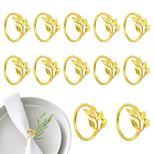 XIMEY Servilleteros, 12 Servilleteros Individuales Dorados, Anillos de Servilletas, Servilleteros con Formas de Hojas y Perlas Adecuados para Bodas, Fiestas y Restaurantes (Hojas Doradas, s)
