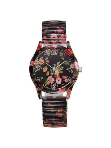 ALCENTIS Montre Femme Floral Bracelet Extensible, Multicolore Base Noir