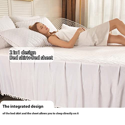 Liferevo Luxury Pom Poms Velvet Bed Skirt, Velvet Wrap Around Bed Skirt, Diamond Quilted Fitted Bed Sheet With Bedskirt, 18 Inch Drop Dust Ruffle Decorative Bed Skirt Pompoms Fringe(Full/Queen, White) #TOP1