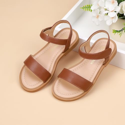 Image of PANDANINJIA Girls Sandals Open Toe Summer Flats Dress Shoes | Toddler /Little /Big Kid, Flower Girl, Lightweight Cushioned, Hook and Loop, Breathable Insole, Wedding, Party