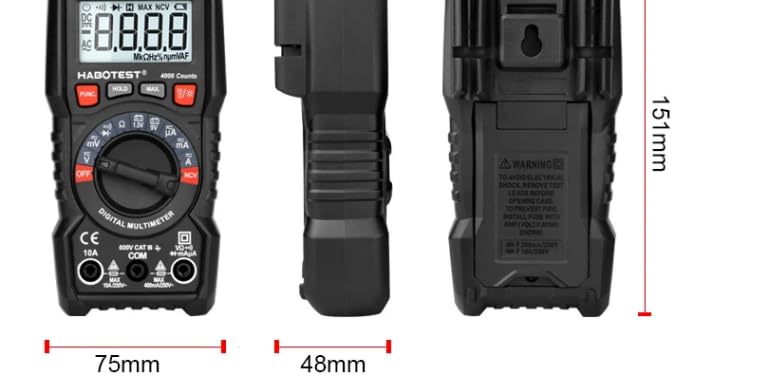 Dimensions of the HT113C Multimeter: 151mm length, 75mm width, 48mm depth