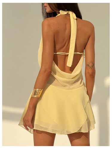 SOLY HUX Women's Halter Mini Dress Deep V Neck Draped Ruffle Hem Backless Sleeveless Party Dresses2