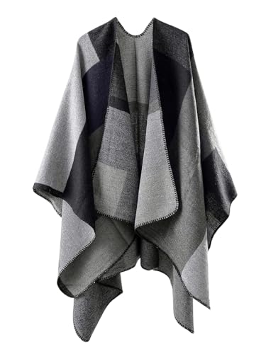 Image of Verdusa Women's Boho Plaid Poncho Shawl Wrap Cape Sweater Knit Oversized Cardigan Grey One-Size