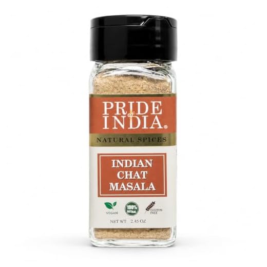 Pride Of India Chaat Masala Powder, 2.45 oz | Authentic Indian Chat Masala Seasoning | Tangy & Savory Spice Blend for Fruits, Salads, Snacks, Drinks & Curries | Dual-Sifter Glass Jar