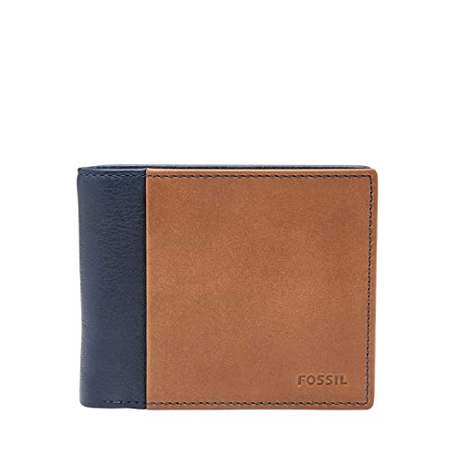Fossil Men s Ward Leather RFID-Blocking Bifold with Flip ID Wallet, Navy