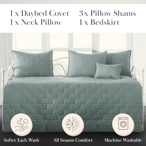 Image of Southshore Fine Living, Inc. Twin Daybed Comforter Set, 6-Piece Twin Bedding Set with Daybed Cover, 3 Pillow Shams, Bed Skirt, Throw Pillow - Day Bed Quilt Set, Brickyard Teal