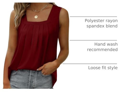 Image of Saloogoe Summer Tank Tops for Women Loose Fit Pleated Square Neck Sleeveless Tops Curved Hem Flowy