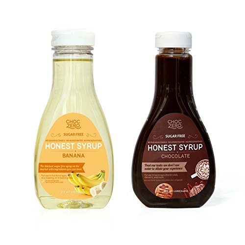 ChocZero's Chocolate Syrup and Banana Syrup. Sugar Free, Low Net Carb, No Preservatives. Gluten Free. No Sugar Alcohols. Good ice cream topping (2 bottles)