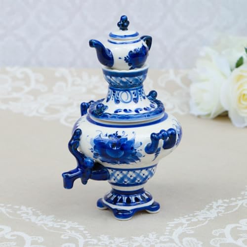 Traditional Gzhel Porcelain Samovar | Hand-Painted Russian Ceramic Teapot | 7.1 Decorative White & Blue