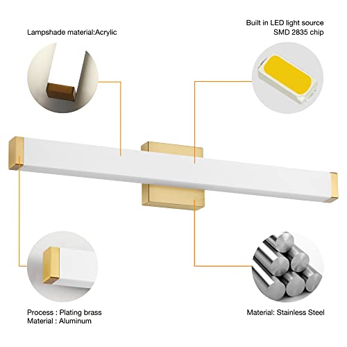 Image of Bathroom Vanity Light Brushed Nickel Square LED 24 inch 14W 4000K Natural White Light Wall Bar Lighting Fixtures Over Mirror (Metal Brass, 24in)